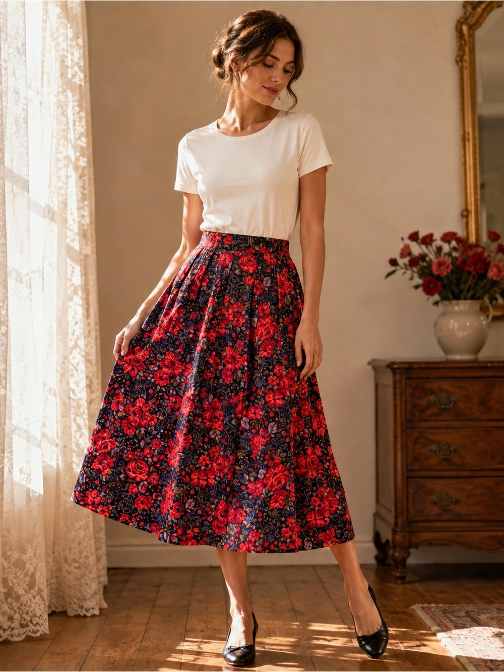 Vintage Floral Red Midi Skirt Made in the USA. Vibrant colors.